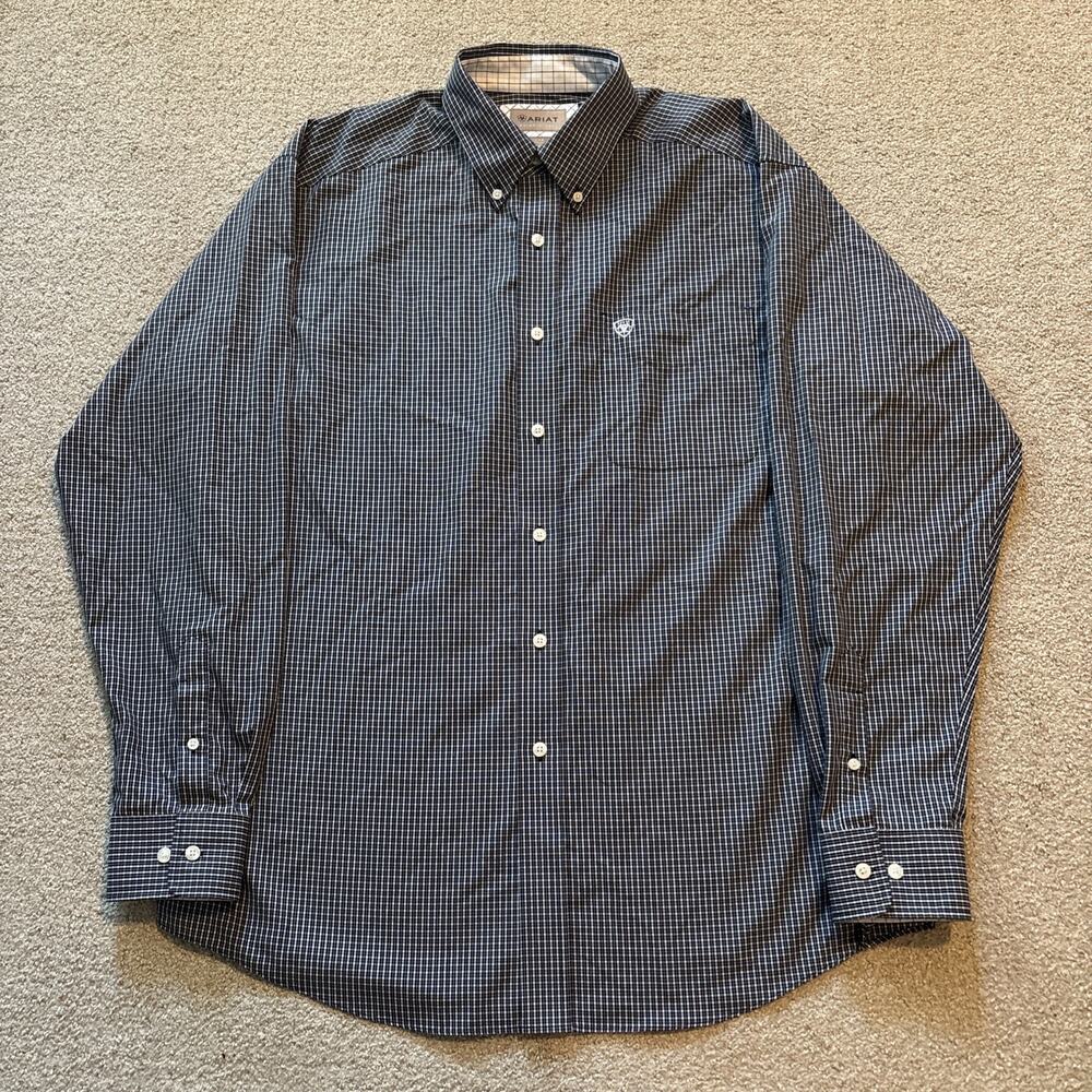 Ariat Shirt Mens Sz L Black Plaid Long Sleeve Button Front Western Wrinkle Free